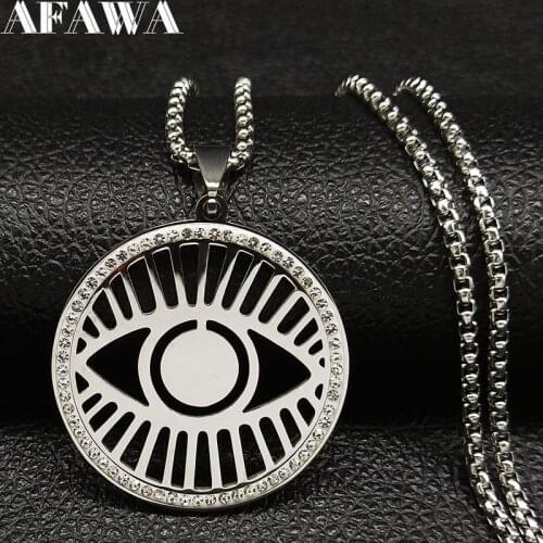 Luck Turkey Eye Stainless Steel Necklaces Women Men Silver Color Bling Rhinestone Round Devil Eye Necklace Jewelry N77486