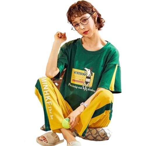 Hot sell Summer Pajamas For Couples Simple Sleepwear Set Lovers Cartoon Short Sleeved Pyjamas Men Women Fashion Pijamas Suit