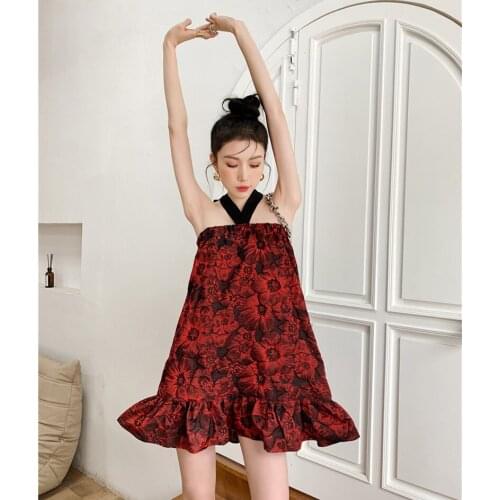 Women Chinese Style Embossed Flowers Halter Neck Halter Sexy Temperament Dress French Vintage Cute Ruffle Mini Party Dress