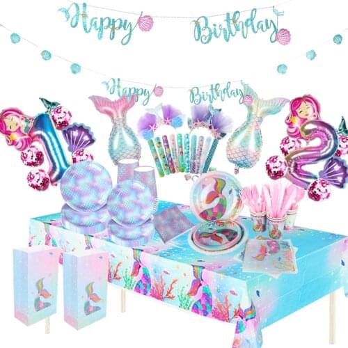 Mermaid Tableware Paper Cups Plate Napkins Seabed Mermaid Party Decorations Girl Birthday Party Baby Shower Decor Supplies
