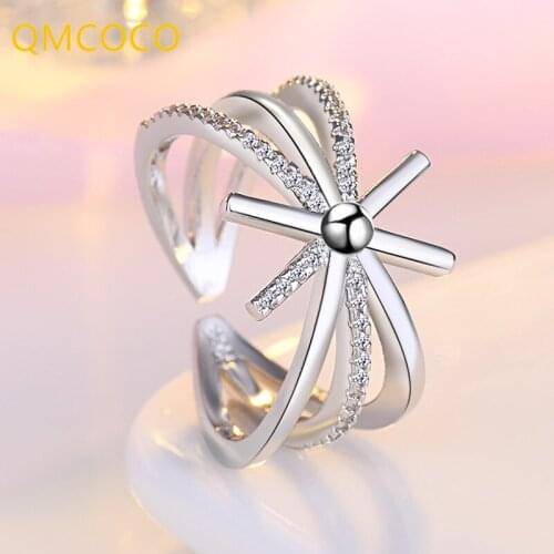 QMCOCO Korean Simple Sweet Trend New 925 Silver Ring Woman Zircon Cross Geometric Index Finger Ring Birthday Gifts To Girlfriend