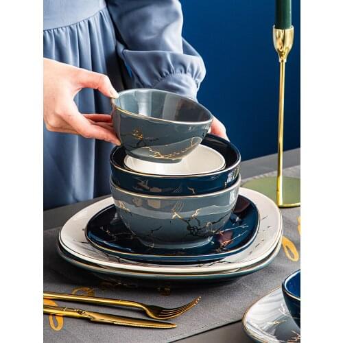 Nordic Light luxury tableware, gold rimmed marble bowl and dish, household bowl, single creative ceramic bowl and plate