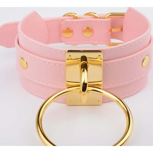 Handmade Wide BDSM Choker Collar Double Layered Leather Collar with Big O-Round Gold Necklace Fetish Collar