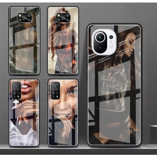 Glass Case for Xiaomi Redmi Note 9 9S 10 Pro 8 8T 7 9C Poco X3 NFC 9T 10T Lite 11 F3 Tempered Phone Cover Cool Tattoo Girl Shell
