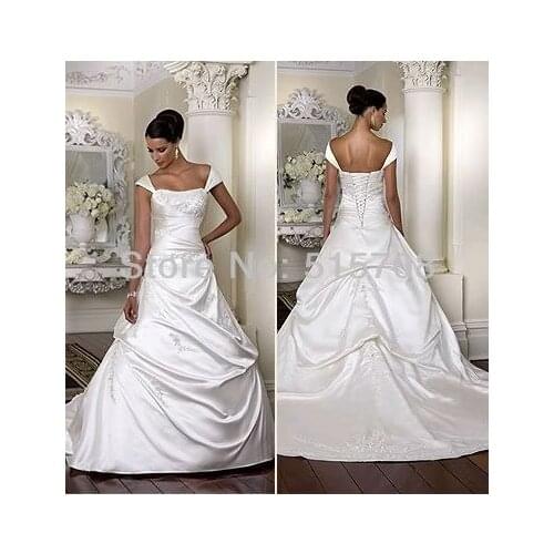 Gorgeous A-line Spaghetti Straps Court Train Lace Up Long White Ivory Satin Bridal Gown Wedding Dresses on Sale