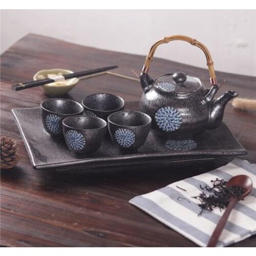 Japanese style teapot complete tea set teatray black glaze,hand-painted tea pot tray with filter screen porcelain kungfu teaware