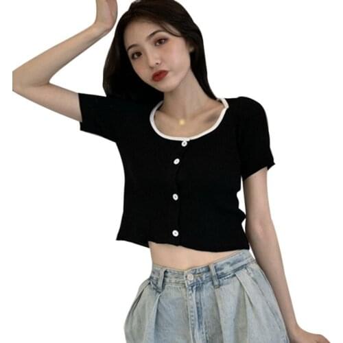 Women T-Shirt Korean Summer Round Neck Stitching Casual Top Thin Short-Sleeved Cardigan Tops