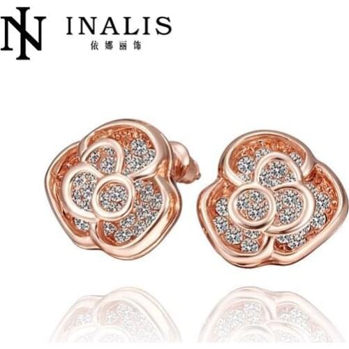 INALIS High Quality Flower Crystal Stud Earrings For Women Round Rhinestone E618