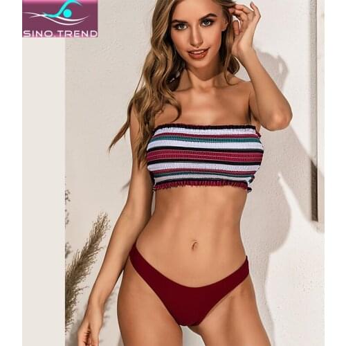 Stripe Ruched Pleated Tube Top Bikini Sets Women Ruffle Bandeau Two Pieces Swimsuits 2020 Girl Boho Bathing Suits Feamle TankTop