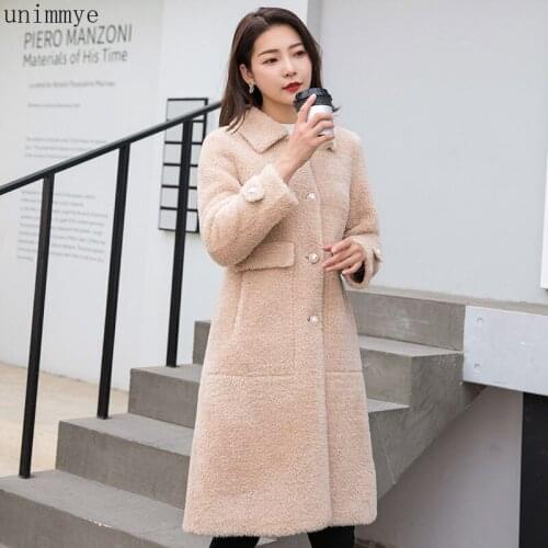 2021 Winter Women Turn-down Collar Coat Woolen Jacket Loose Wool Real Fur Coat Natural Solid Color Outerwear Plus Size Y14
