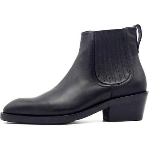 Winter 6cm High Heel Cowboy Work Boots Men Shoes Three Zipper Designer Pointed Toe Genuine Leather Increased Ankle Boots Black