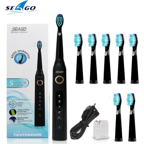 Seago Ultrasonic Electric Toothbrush Sonic Wave Clean USB Rechargeable Toothbrush With Replacement Brush Heads 1 handle 8 heads
