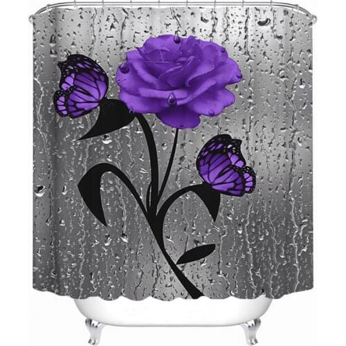 3D Water Purple Flowers Print Bathroom Curtains Set Flower Butterfly Leaf Shower Curtain Non-Slip Rug Toilet Cover And Bath Mat