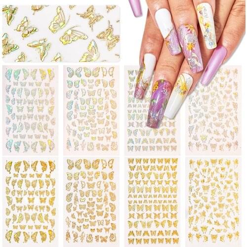 4Pcs/set Nail Art Laser Gold and Silver Butterfly Sticker Summer Autumn Butterfly Designs Glue Nail Decal Sticker Manicure