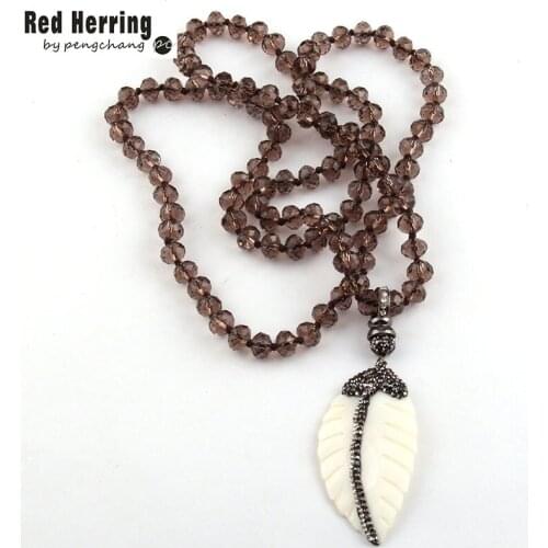 Free Shipping Fashion Long Crystal Glass Knotted Handmake Paved Shell Leaves Pendant Necklaces
