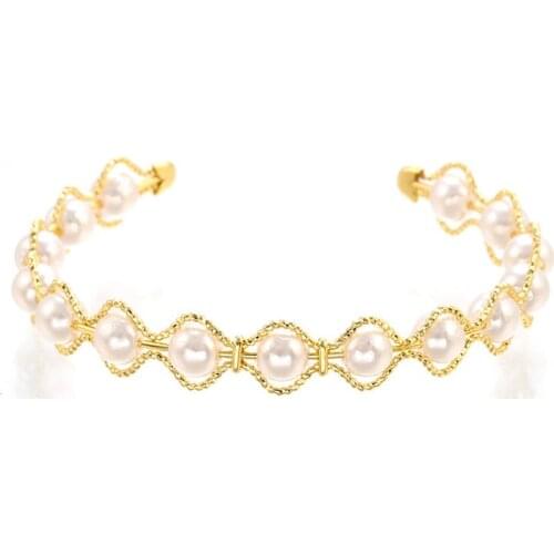 FIne Pearl open bangle elegant wave double layer cuff bracelet with beads for women girl party jewelry gift