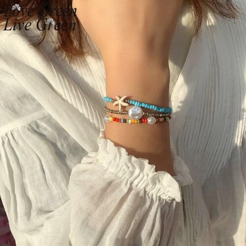 Resin Strand Friendship Bracelets Multi Layer For Women Boho Handmad Rice Beads Pearl Starfish String Luxuri Bead Bracelet