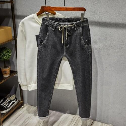 Autumn and Winter New Jeans Mens Solid Color Elastic Waist Jeans Mens Stretch Harem Denim Trousers Multi-pocket Casual Pants