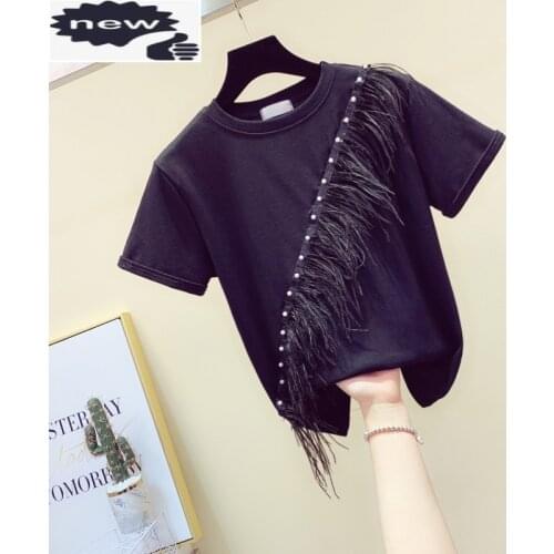 Summer Short Sleeve T-Shirt Feminina Feathers Tassel Pearls O-Neck Women Pullover Casual Cotton Loose Fit Top White Tees