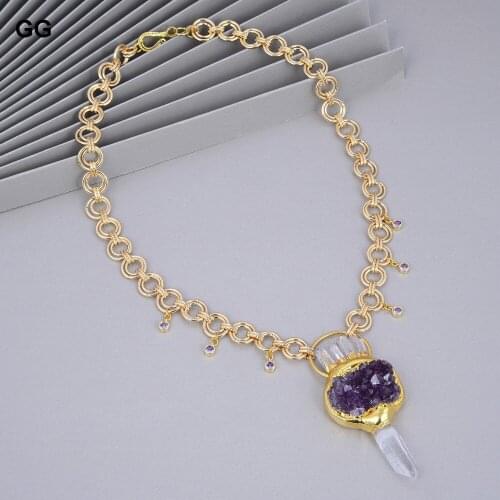 GG Jewelry Natural Purple Amethysts Quartzs Druzy Pendant Necklace Gold Color Plated Chain Necklace 20" For Women