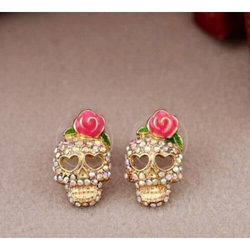 Hot Expected Funny Ladies Women Fashion Accessories Personality Cute Pink Rose Rhinestone Skeleton Skull Ear Studs Earrings