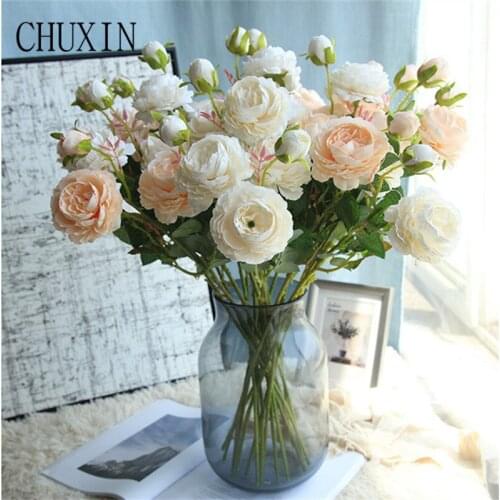 Western rose European core 3 head peony artificial flowers home decoration wedding wall Christmas decoration fake flower 1pc