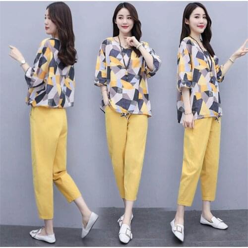 Plus size Summer two piece set Women Loose printed shirt Tops + pants suits office lady Fashion womens setsM-4XL