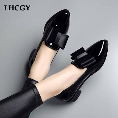 Plus Size 41 Spring Flats Women Shoes Bowtie Loafers Patent Leather Elegant Low Heels Slip On Footwear Female Oxford Shoes 7583