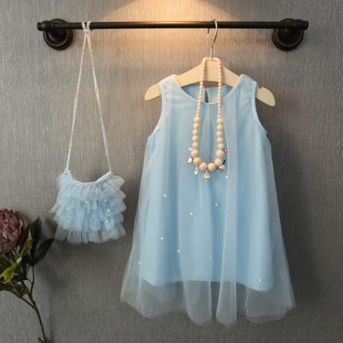 Cute Fairy Baby Girl Princess Dress Sky Blue Sleeveless Bead Tulle Summer Little Girls Party Gown Fancy Dresses