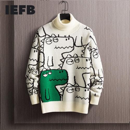 IEFB Men' S Turtleneck Pullovers 2021 Winter New Loose Little Dinosaur Cartoon Pattern Lovely Long Sleeve Tide Sweater Ins Trend