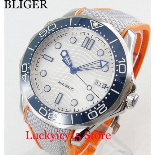 Dress Automatic Mens Watch With Wave Dial Date Window Sapphire Crystal 41mm Self Winding Wristwatch