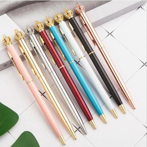 Wholesale 200pcs/lot High-end Luxury Diamond Beautiful Crown Ballpoint Pen Black Refill Metal Ballpoint Pens 15 Colors