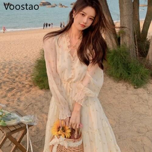 Spring Women Sweet Floral Print Fairy Dress Vintage Chic V-Neck Ruffles Party Long Dresses Autumn Female Elegant Holiday Dress
