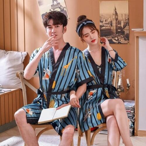 Spring Summer Sexy Silk Pajamas Robe Fashion Printing Loose Thin Couples Home Clothes Female Dressing Gown Man Home Bathrobe