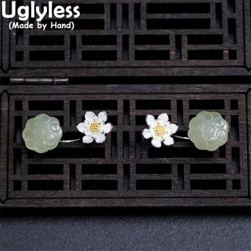 Uglyless Natural Jade Lotus Studs Earrings for Women Handmade Blooming Lotus Flowers Earrings 925 Silver Brincos Fashion Jewelry