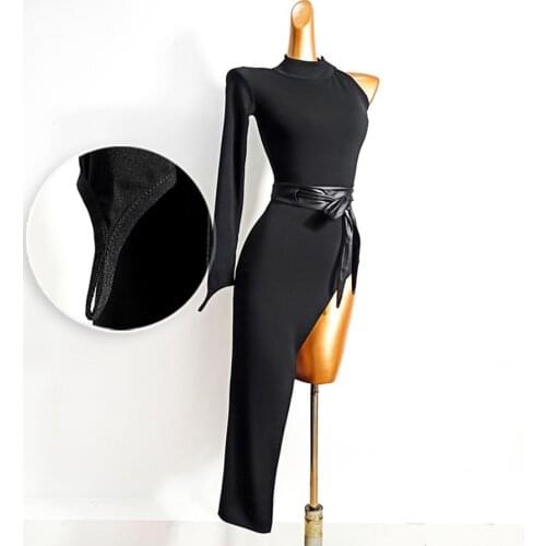 2020 New One Side Long Sleeve Design With Belt Latin Dance Dress Dancing Performance Women Dress Ballroom Samba Tango W637
