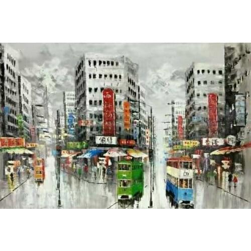 100%Hand Painted Canvas Knife Oil Painting Abstract Hong Kong Trams Street Canvas Painting Wall Art Picture for Home Decoration