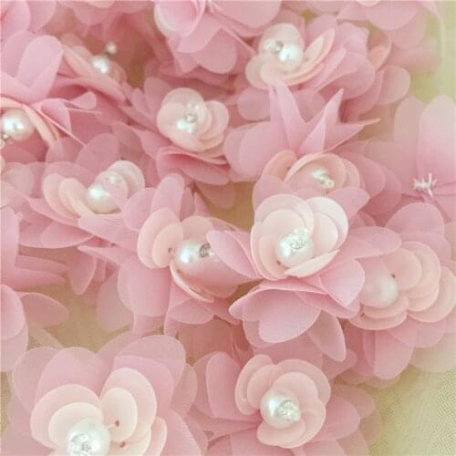 100 Pieces 3D Pearl Bweaded Lace Applique Dusty Pink Handmade Flower Rosette DIY Craft Supply 4.5cm Diameter