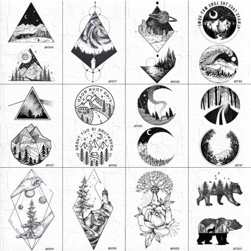 3D Black Geometric Temporary Tattoo Stickers Women Body Arm Ankle Tree Tattoos Waterproof Fake Tatoos Men Round Mountain Makeup