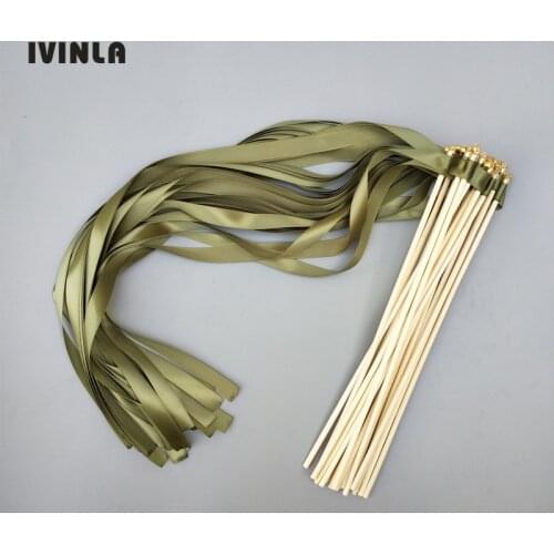 50pcs/lot olive green wedding ribbon wands with sliver bell for wedding decoration