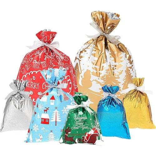 7pcs Christmas Gift Wrapping Bags Holiday Treats Bag Gift Packaging Bag With Ribbons Candy Gift Packaging Bag Christmas Gift Bag