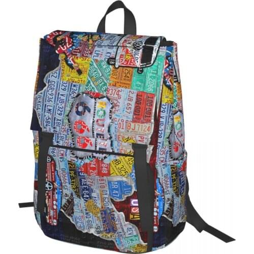 Explore The USA License Plate Art And Map Travel Collage Backpack for Girls Boys Travel RucksackBackpacks for Teenage school bag