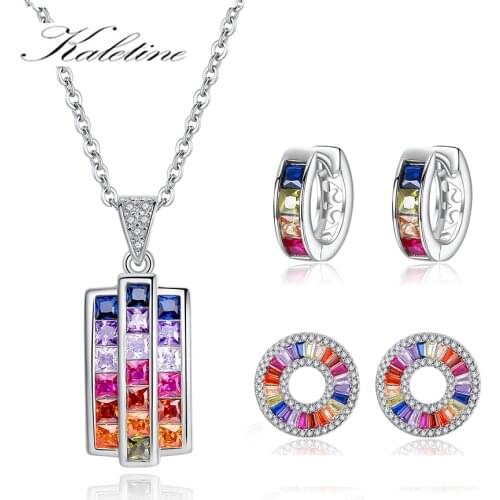 KALETINE 925 Sterling Silver Rainbow Heart Hoop Earrings CZ Korean Fashion Zirconia Women Necklace Rings Set Charm Jewelry Gifts