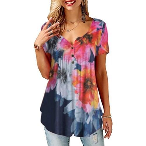 Button V-neck Gradient Color Flower Print StreetWear Casual Loose Punk T-shirt Summer New Short-sleeve Harajuku Womens T-shirts