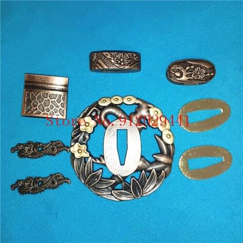 NICE FITTINGS ALLOY FLOWER GUARD TSUBA FUCHI KASHIRA MENUKI SEPPA FOR JAPANESE JAPAN SWORD SAMURAI KATANA NICE A SET NEW