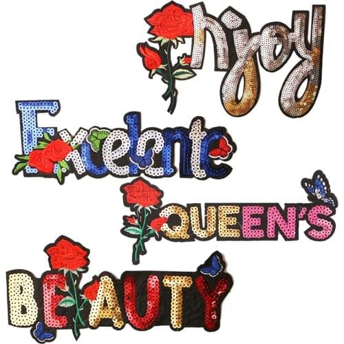 Beauty with roses Sequin icon Iron on Patches for Clothing DIY Stripes Clothes Patchwork Stickers for Children Custom Badges