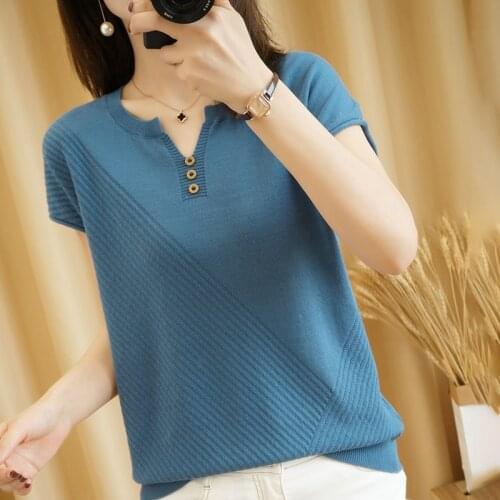 Fashion All-Match 100% Cotton Knitted Short-Sleeved Sweater Ladies V-Neck Loose Large Size T-Shirt Thin Section Summer Jumper