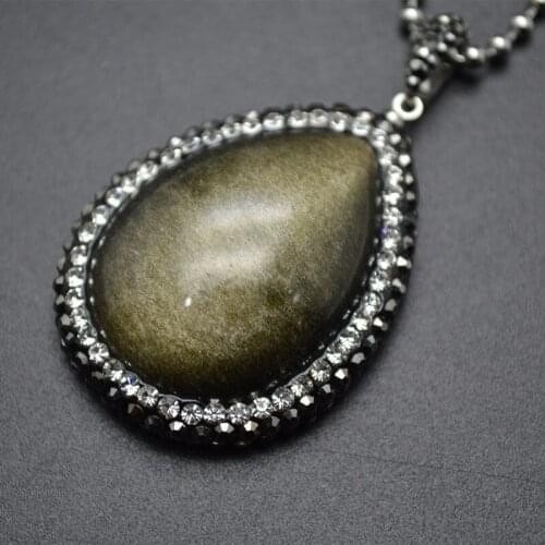 Paved Crystal Beads Natural Black Obsidian Stone Pear Shape Pendant Ball Chain Necklace Wholesale Price High Quality 5pc per lot