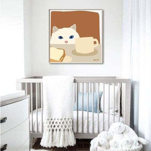 Simple Nordic Korean illustration stealing milk cat decorative picture canvas print poster mural children room porch corridor
