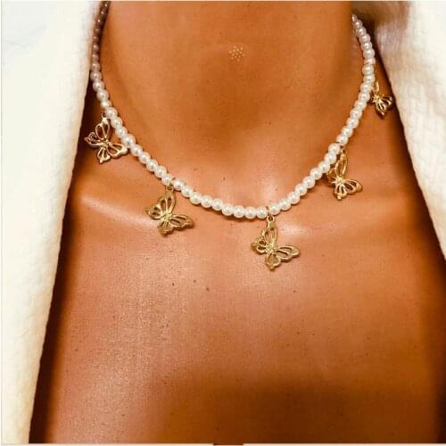 Simple Simulated Pearl Chain Choker For Women Multi Layer Gold Butterfly Pendant Necklace Statement Collar Party Jewelry Gifts
